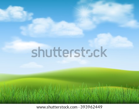 Nature landscape with sky, hills and grass on foreground.