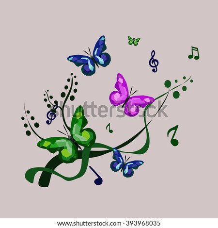 Butterflies,grass and notes on the lavender background