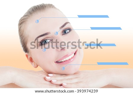 Young smiling beautiful female with perfect skin and facial treatment indicators on her face