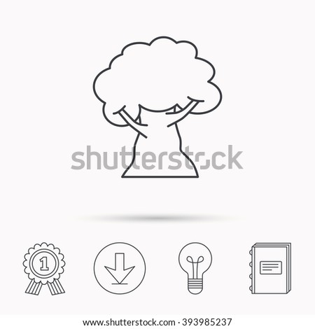 Oak tree icon. Forest wood sign. Nature environment symbol. Download arrow, lamp, learn book and award medal icons.