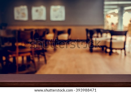 Empty top of wooden table or counter on cafeteria, bar, coffeeshop background. For product display