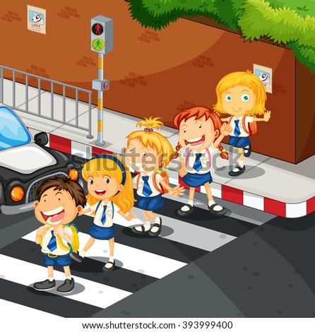 Students crossing the road illustration