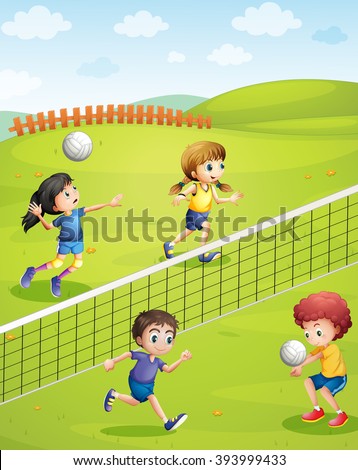 Boys and girls playing volleyball in the park illustration