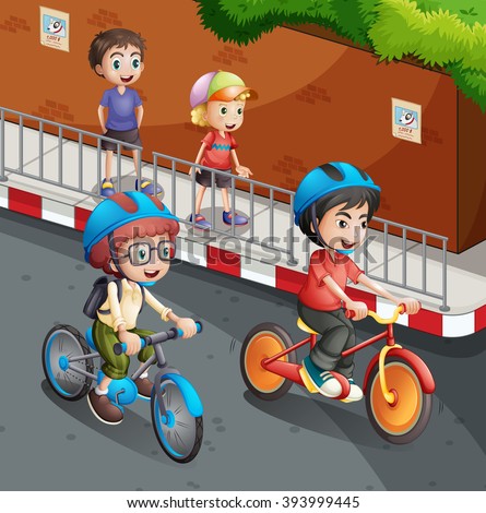 Children riding bicycle on the road with helmet on illustration