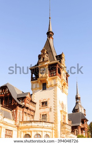 Tower of the Peles Castle, a Neo-Renaissance castle in the Carpathian Mountains of Romania