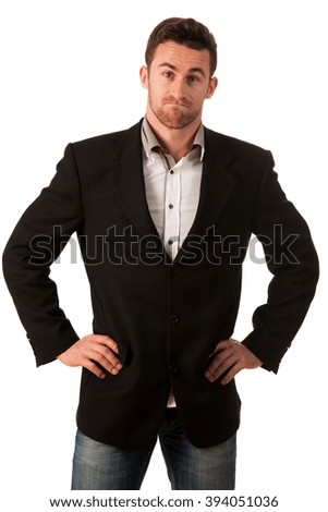 Confident businessman standing thinking, searching solution. Conceptual image.