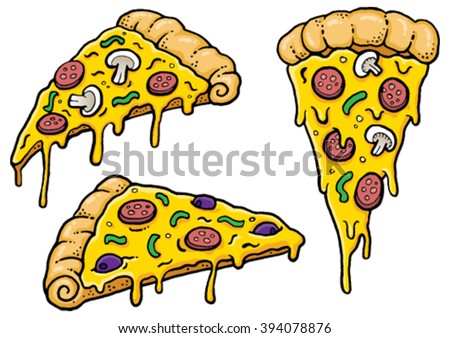 Cartoon Pizza slices with dripping cheese. Vector Illustration. 