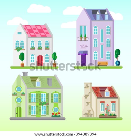 Set of detailed colorful houses. Flat style cute buildings. Vector illustration. Off-axis front.