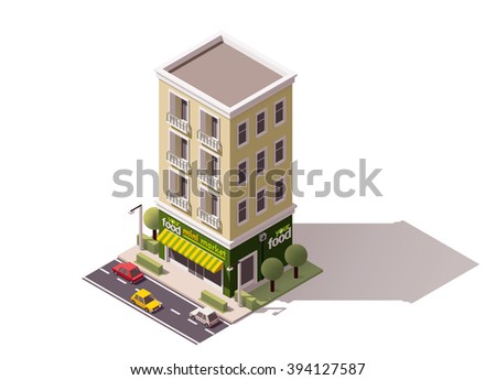 Vector isometric icon or infographic element representing low poly grocery store or supermarket building  with awnings, cars and trees on the street nearby