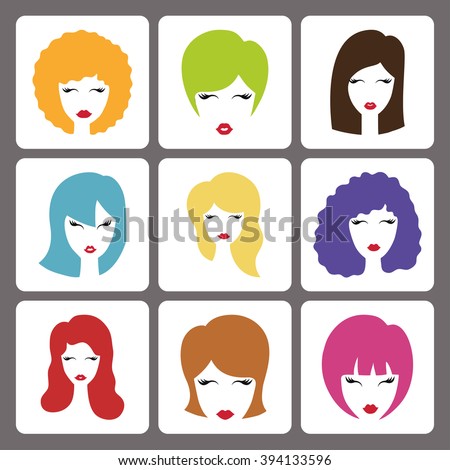 Hairstyle silhouette.Woman,girl,female hair icon.Beauty vector,Colorful  hair on button in flat style.Avatars,different fashion set.Various haircut,styling.Trendy Fashion vector,image,look,salon logo