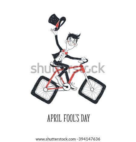 Fun illustration of guy in suit on bicycle. Comic concept of bicycle with square wheels.  Cartoon bicyclist in sketch stile isolated on white background. Hand drawn greeting card for April Fool Day.