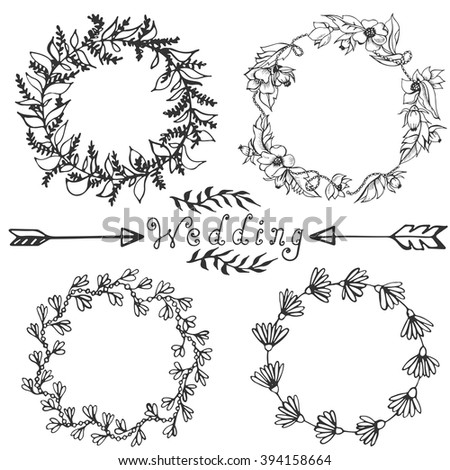 Wreath illustration made of flowers and herbs for weeding day. Vector decorative collection of frames, romantic sketch background.