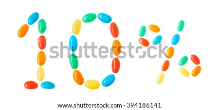 10% lettering made of multicolored candies isolated on white background