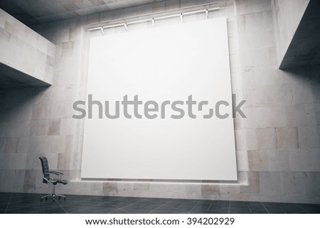 Side view of blank whiteboard in concrete interior with swivel-chair. Mock up, 3D Render
