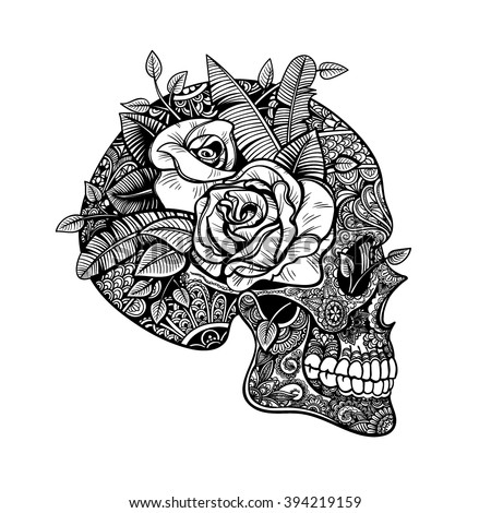 Vector Black and White Tattoo Skull Roses Illustration