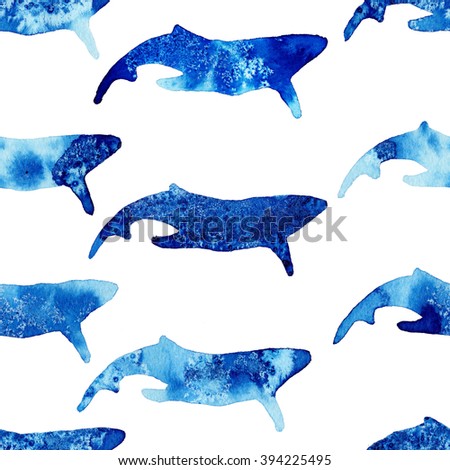 Beautiful watercolor illustration of whales. Hand drawn image of a marine animal. Isolated objects on white background.