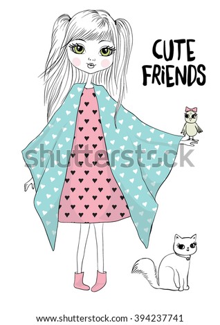 cute girl vector illustration romantic T shirt print princess sticker pretty little pattern beautiful cartoon best friends
