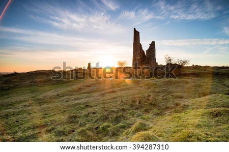 Sunset over ruined mine workings near Minions on Bodmin Moor in Cornwall