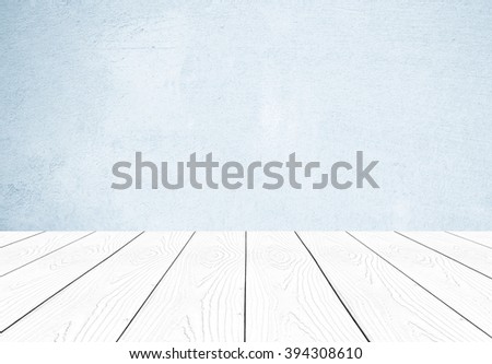 Perspective white wood over cement wall background, room, table, interior design, product display montage, vintage style