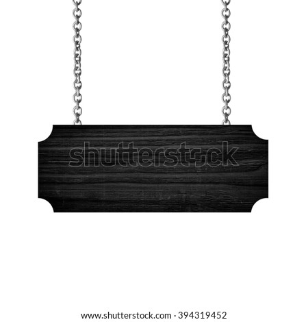 Black Wooden sign hanging on a chain isolated on white