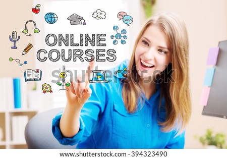 Online courses concept with young woman in her home office