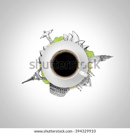 Cup coffee, which is on sketch of drawing seven wonders the world isolated, white background