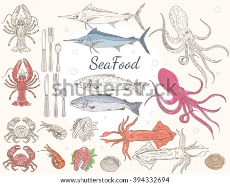 Seafood collection vector set art