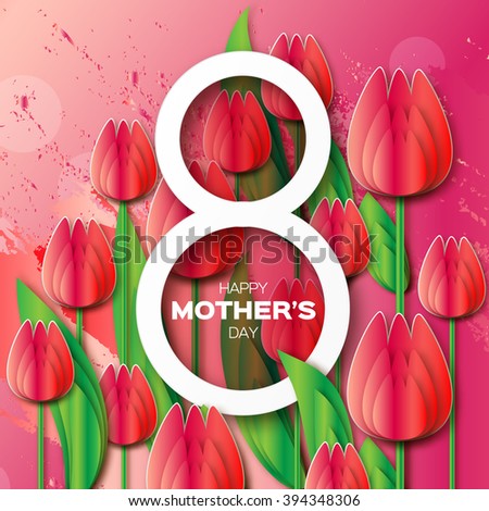 Abstract Red Floral Greeting card - Happy Mothers Day - 8 May- with Bunch of Spring Tulips. Flower holiday background. Beautiful bouquet. Trendy Design Template. Vector illustration.