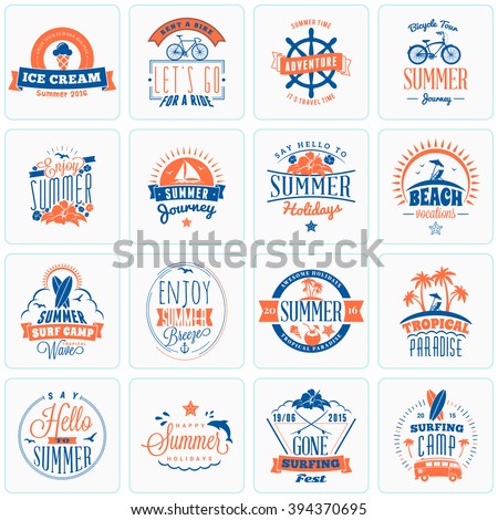 Set of Retro Summer Holidays Design Elements. Vintage Logotypes and Badges. Beach Vacation, Party, Travel, Camping