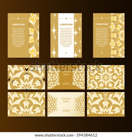 Set of designs for business cards and booklets. 6 colorful business card template and 3 booklet template . Vector vintage visiting card set. Floral mandala pattern and ornaments. 