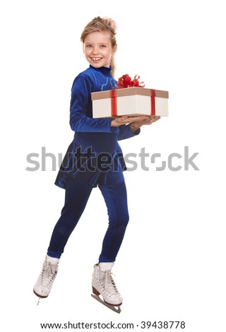 Child girl sport figure skating in white skate with gift box.  Isolated.