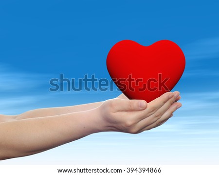 Concept or conceptual 3D red abstract heart sign or symbol held in hands by woman or child over nice blue cloud sky background metaphor to love, holiday, wedding, care, valentine, protection romantic