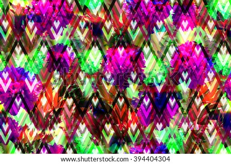 Vivid floral seamless pattern with beautiful flowers ornament on a geometric background. Clip ART - Photo collage. Artwork with layering and blurred effect for floral design.