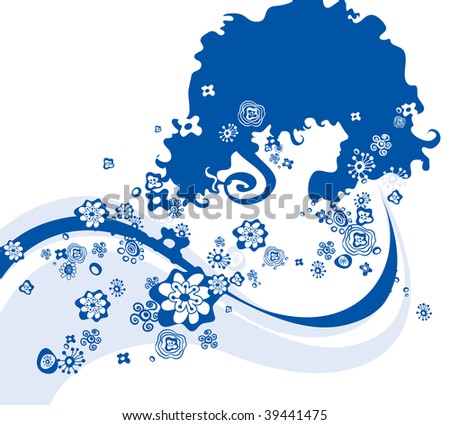 blue silhouette of the girl with flowerses - vector