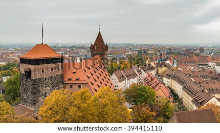 Nuremberg Cityscape, Aerial View Panorama of Imperial Castle of Nuremberg from Sinwell Tower under Dramatic Sky in Autumn, Germany