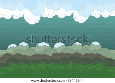 Clouds, background, mountains and grass are all on separate layers. Actual illustration extends a little and is cropped via clipping mask.