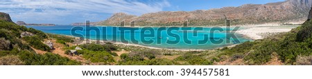 Panoramic view of Balos Lagoon and beach from the Cape Tigani, Crete, Greece Royalty-Free Stock Photo #394457581