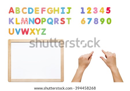 Magnetic alphabet set. Build your word with letters, whiteboard and hands. Kit isolated on white.