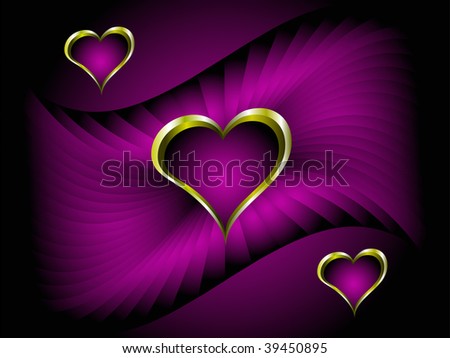 A valentines  illustration with gold hearts with room for text on a deep purple background