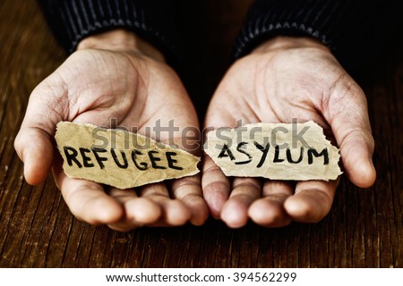 closeup of the hands of a young man with two pieces of paper with the words refugee and asylum written in each one, with a dramatic effect Royalty-Free Stock Photo #394562299