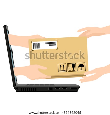 Concept for delivery service, online shopping, receiving package. Vector illustration. Hands of courier with parcel appeared from laptop and customers hands.