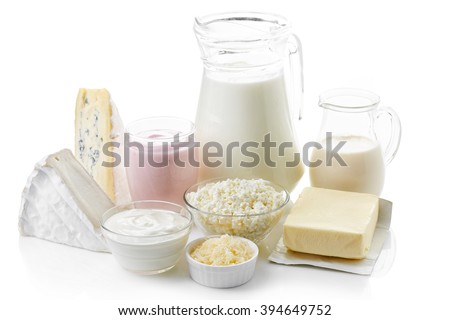 Various fresh dairy products isolated on white background Royalty-Free Stock Photo #394649752