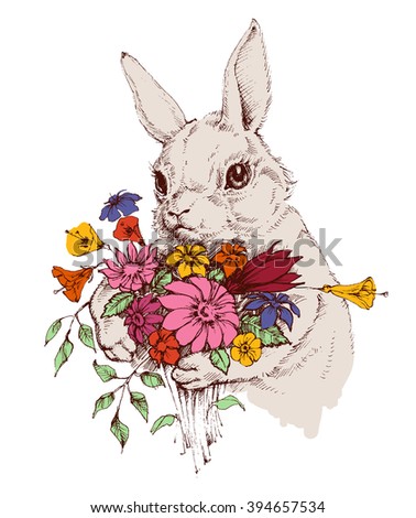 Easter bunny and a bunch of flowers