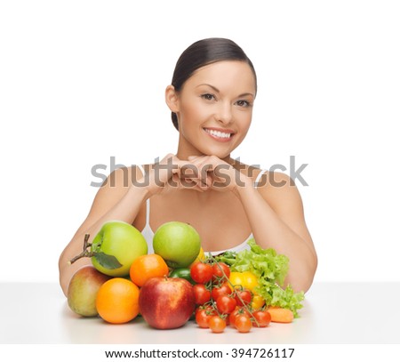 picture of happy woman with lot of fruits and vegetables