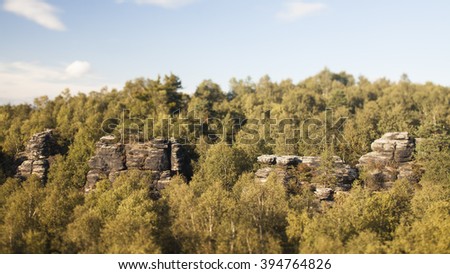 Tips of rocks of sandstone above deep crowns of trees of mixed forest. Creative landscape photography by using tilt effect with tilt shift-lens.