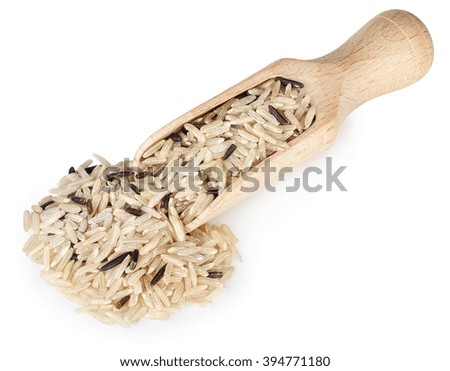 brown and wild mixed rice in wooden scoop isolated on white background