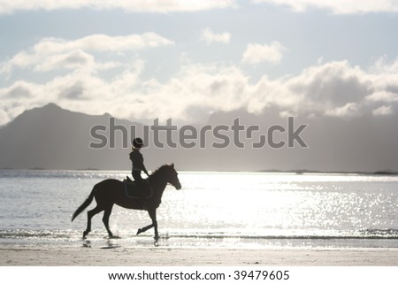 horse riding silhouette on the beach,lofoten island, norway
