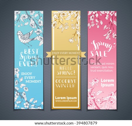 Vector set of vertical floral banners. Spring blossoms, leaves and birds on tree branches. Pastel blue, gold and pink backgrounds. Hello spring! Best spring ever! Spring sale.