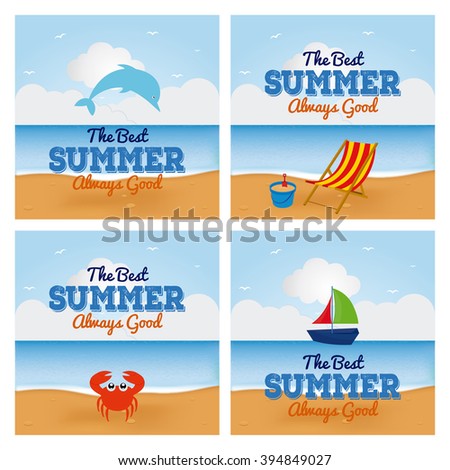Set of beach landscapes with text and different summer items