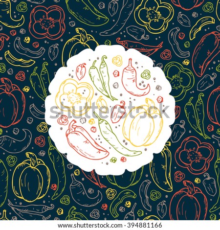 Vector Vegetables and Spices. Pepper Label and Seamless pattern. Hand drawn doodle: bell pepper, chili pepper, hot pepper, peppercorns.